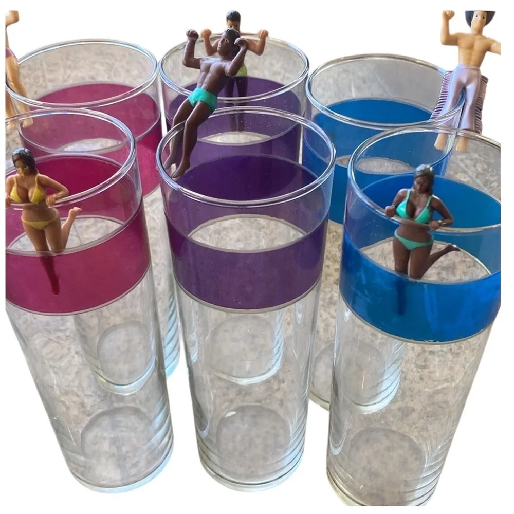 Libbey VintageSet of 6 glasses featuring colorful Bands Pink Blue Purple Summer